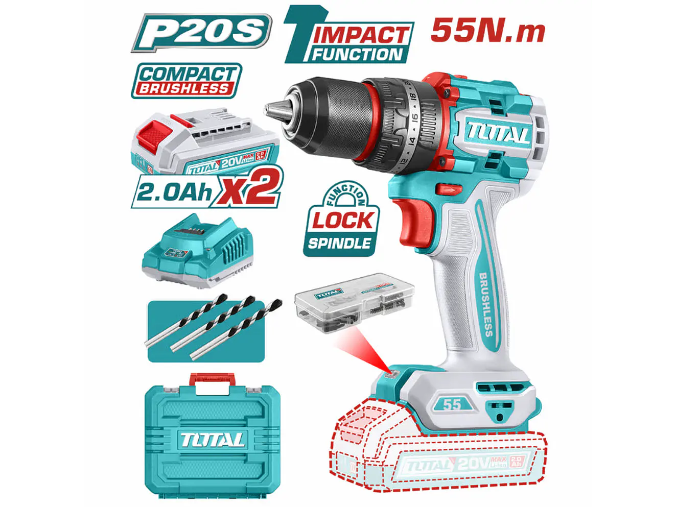 Taladro Percutor Inalámbrico TOTAL UTIDLI20558 20V 55Nm Brushless + 47 Accesorios - Foto 1 | aztools.co