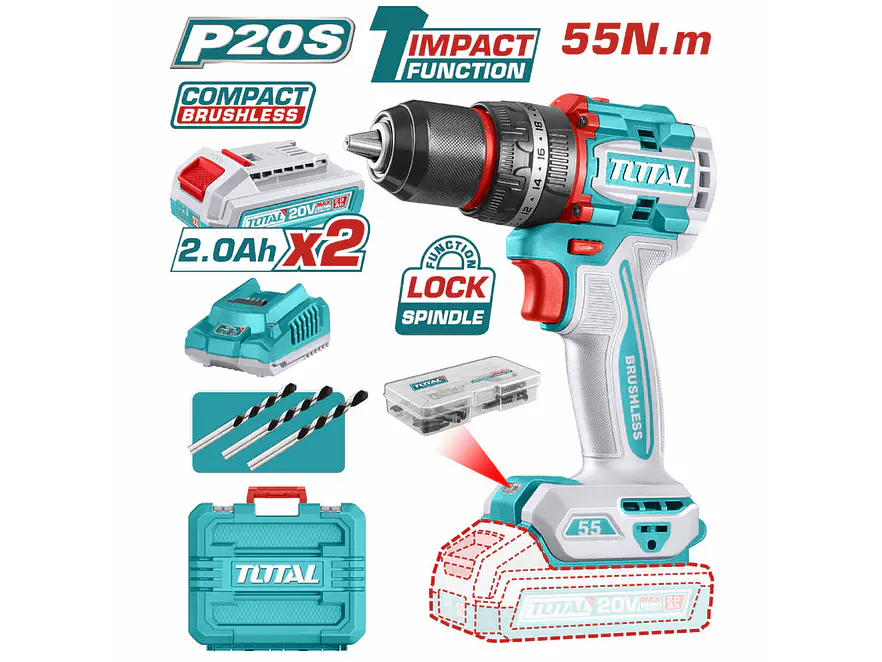 Taladro Percutor Inalámbrico TOTAL UTIDLI20558 20V 55Nm Brushless + 47 Accesorios - Foto 1 | aztools.co