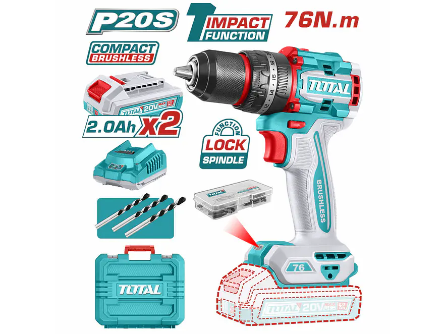 Taladro Percutor Inalámbrico 20V TOTAL UTIDLI20768 Industrial 76Nm + 47 Accesorios - Foto 1 | aztools.co