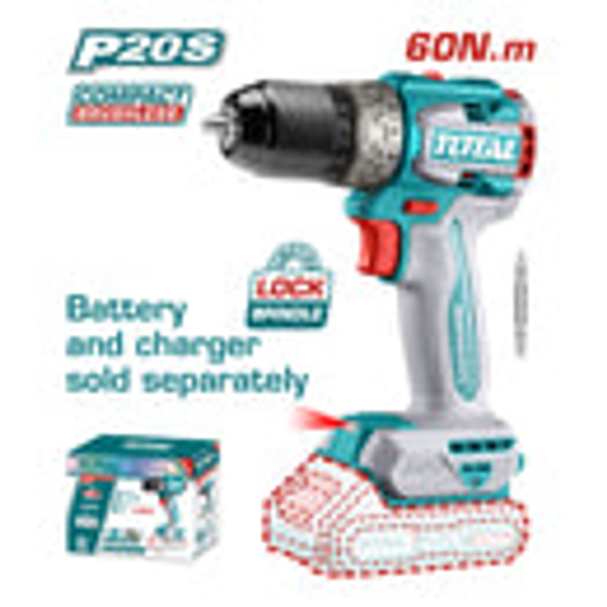 Taladro inalambrico 1/2 20V 60NM, Total TDLI206021, Cargador y bateria No Incluido 2