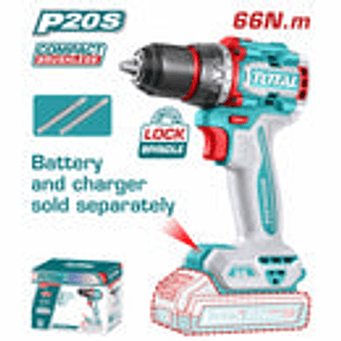 Taladro inalambrico industrial 1/2 20V 66NM, Total TDLI206681, Incluye 2 punta taladro, Bateria y cargador no incluidos