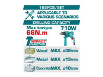 Kit Taladro Percutor 20V TOTAL UTHKTHP11652 Industrial + Set de Herramientas 165 Pzs - Foto 2 | aztools.co