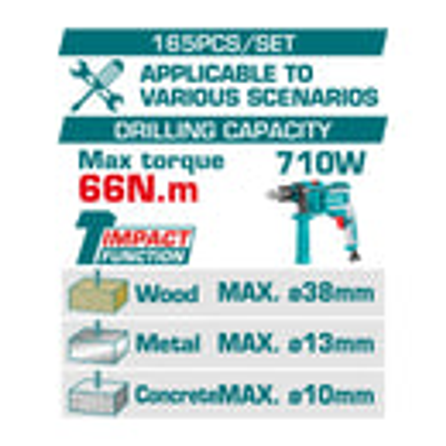 Taladro Inalambrico 1/2 20V 66Nm, Total UTHKTHP11652, Incluye bateria 20V y kit de herramientas 165 piezas 2
