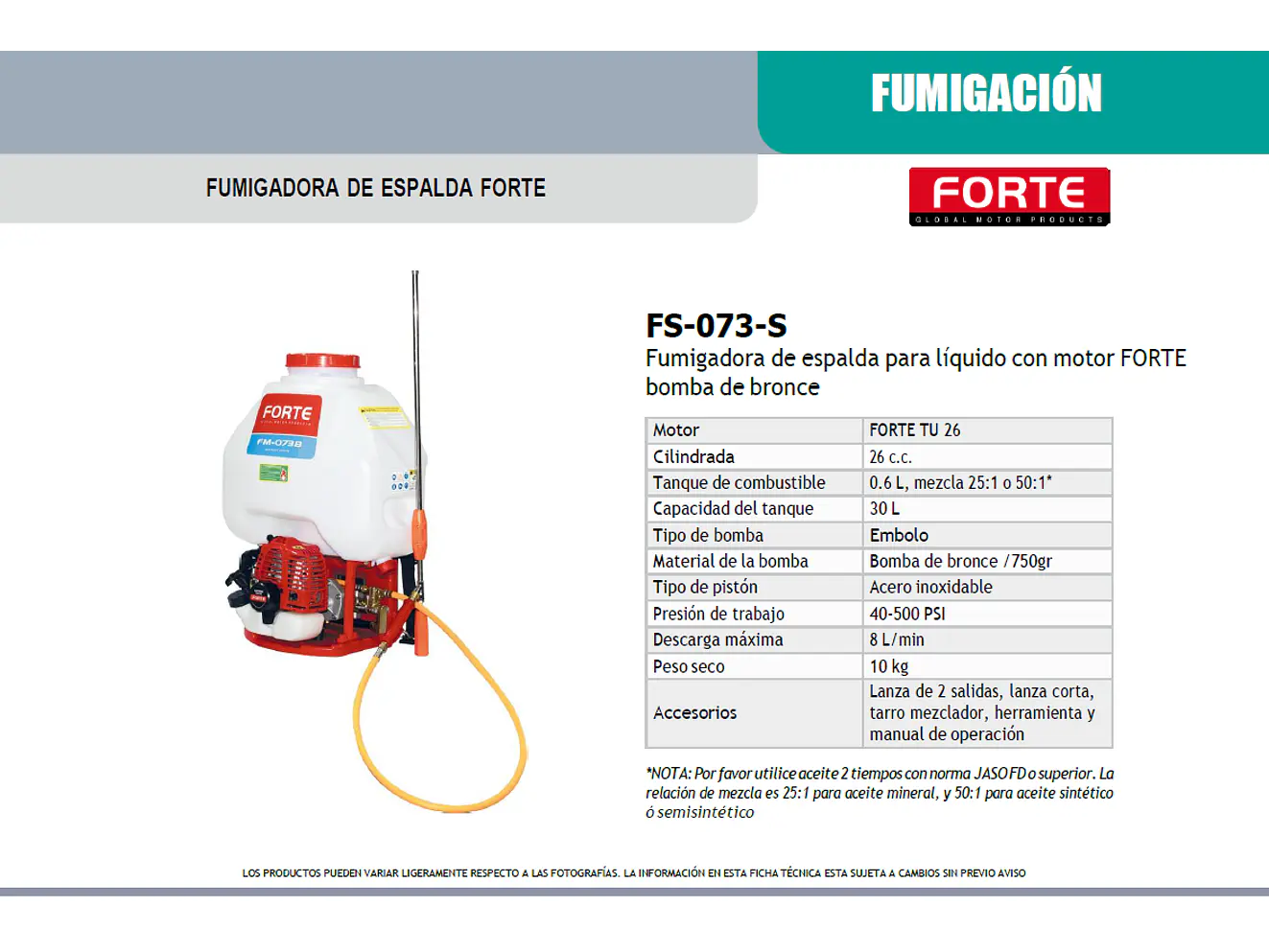 Fumigadora de Espalda a Gasolina 26cc 25L FORTE FS-073-S Pistón Inoxidable 500 PSI - Foto 5 | aztools.co