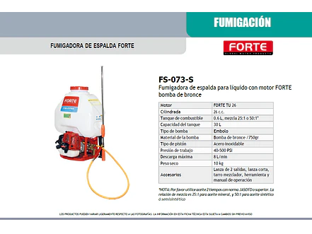 Fumigadora de Espalda FORTE FS-073-S | 26cc | 25L | 500 PSI | Ligera y Potente - Foto 5 | aztools.co
