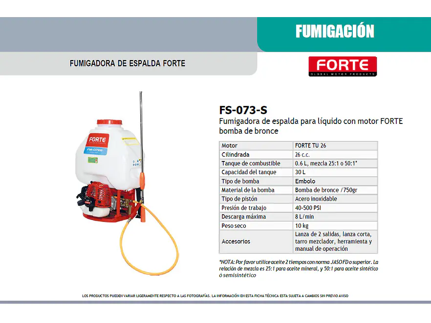 Fumigadora de Espalda FORTE FS-073-S | 26cc | 25L | 500 PSI | Ligera y Potente - Foto 5 | aztools.co