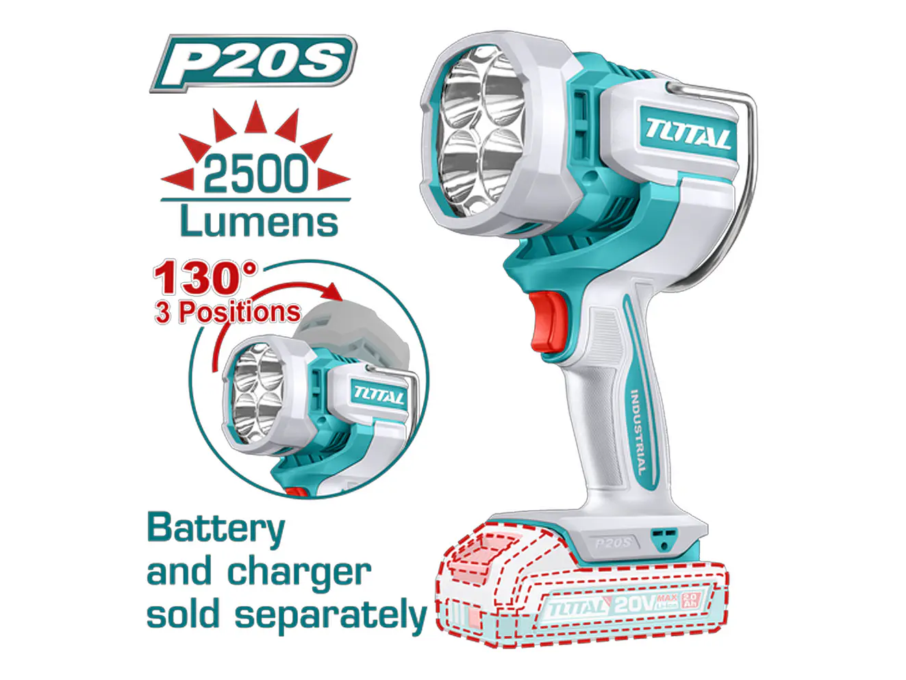 Lámpara de Trabajo Inalámbrica TOTAL TWLI20885 20V (2500 Lúmenes, 130° Ajustable) No bateria no Cargador - Foto 2 | aztools.co