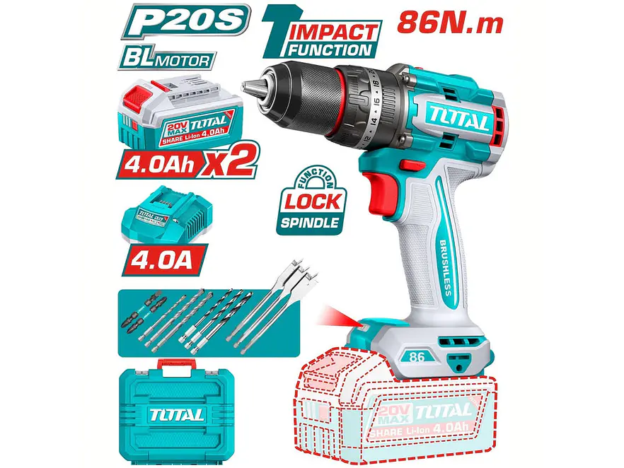 Taladro Percutor Brushless 20V TOTAL UTIDLI208682 Industrial 86Nm + 2 Baterías - Foto 1 | aztools.co