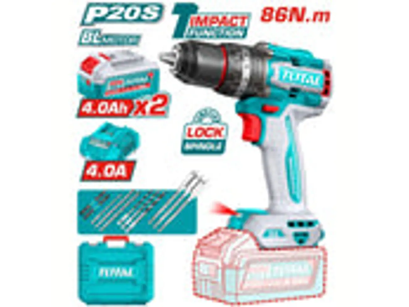 Taladro Percutor Brushless 20V TOTAL UTIDLI208682 Industrial 86Nm + 2 Baterías - Foto 2 | aztools.co