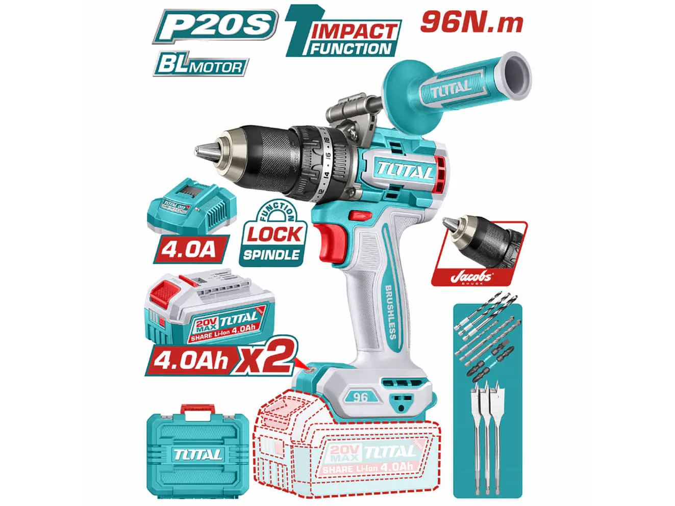 Taladro Percutor Brushless 20V TOTAL UTIDLI209686 Industrial 96Nm + 2 Baterías 2.0Ah - Foto 1 | aztools.co