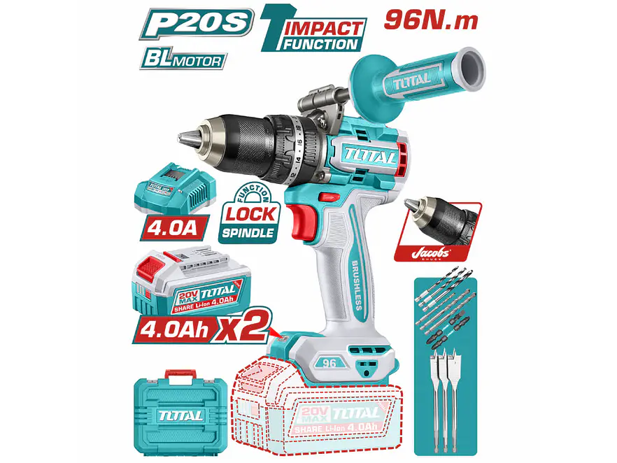 Taladro Percutor Brushless 20V TOTAL UTIDLI209686 Industrial 96Nm + 2 Baterías 2.0Ah - Foto 1 | aztools.co