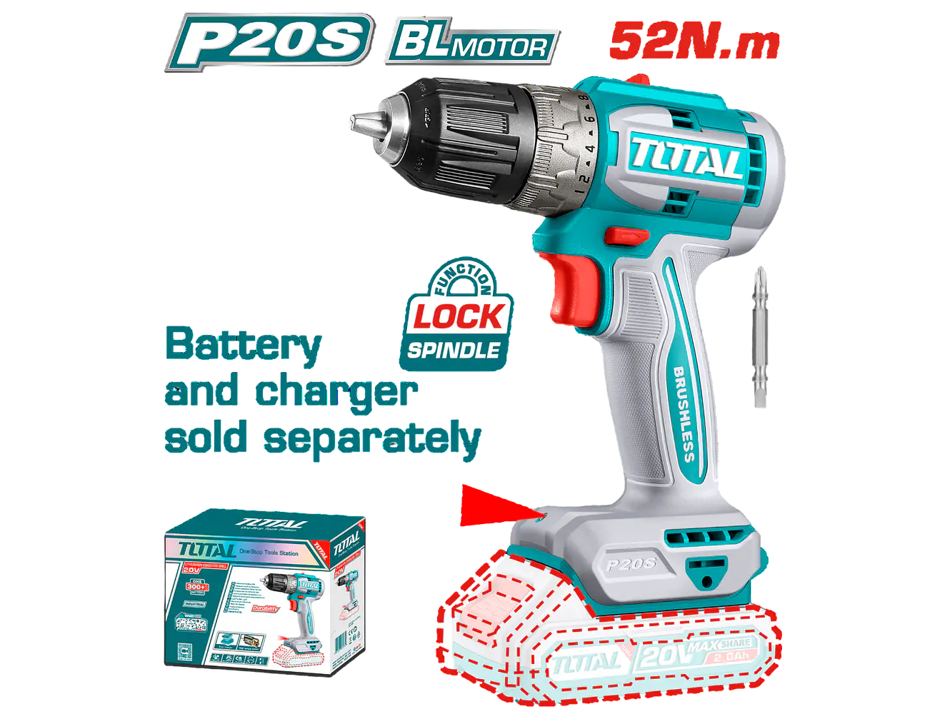 Taladro Atornillador 20V TOTAL TDLI204531 Industrial 52Nm (Solo Herramienta) - Envío a todo Colombia | aztools.co