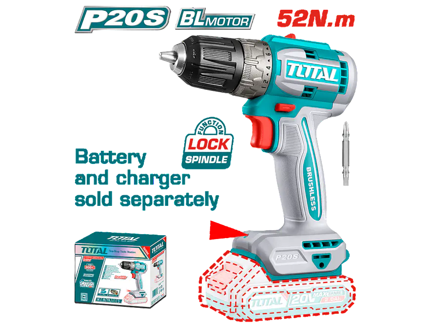 Taladro Atornillador 20V TOTAL TDLI204531 Industrial 52Nm (Solo Herramienta) - Envío a todo Colombia | aztools.co