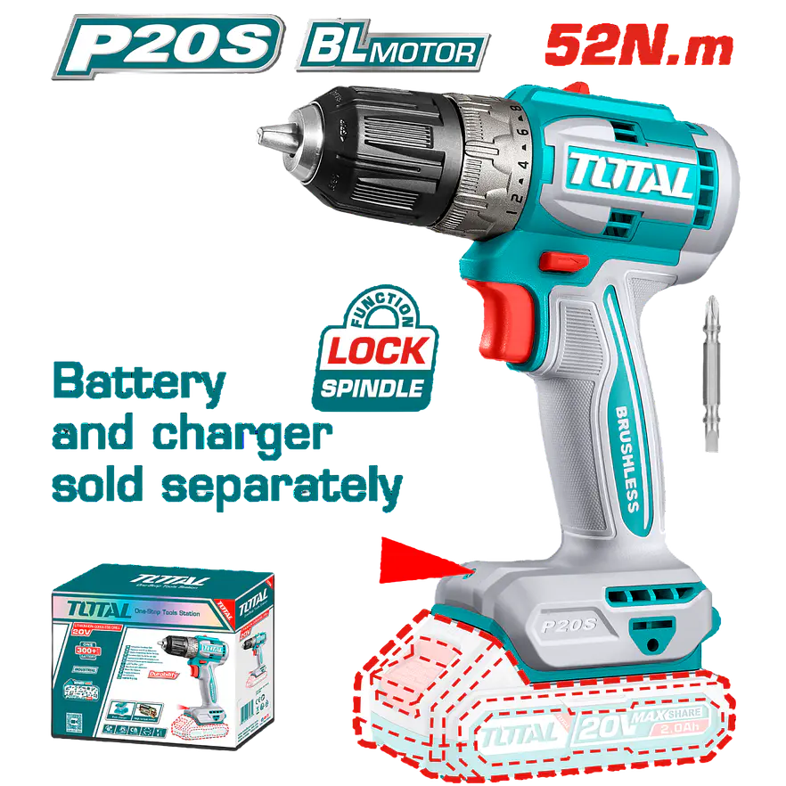Taladro Atornillador 20V TOTAL TDLI204531 Industrial 52Nm (Solo Herramienta) - Envío a todo Colombia | aztools.co