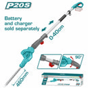 Cortasetos Inalambrica expandible 0-40CM 20V, Cargador y bateria No incluidos, Total TPHT201601