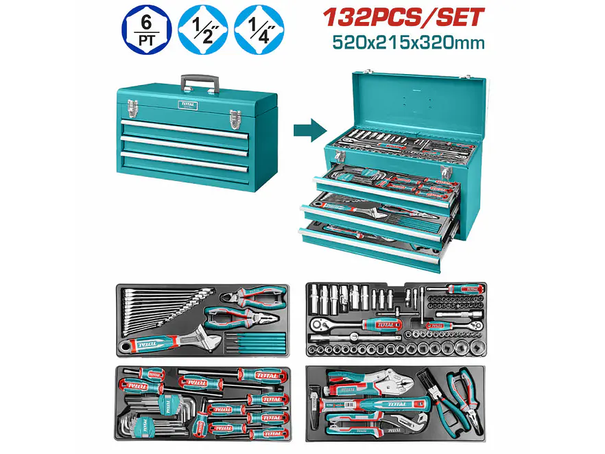 Caja de Herramientas Metálica Industrial TOTAL THPTCS71321 132 Piezas - Foto 1 | aztools.co