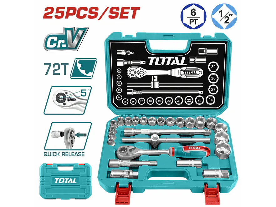 Juego de Rache con Copas Industrial TOTAL THT121251 1/2 Pulgada 25 Piezas - Foto 2 | aztools.co