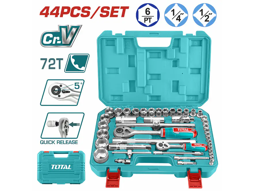 Juego de Rache con Copas Industrial TOTAL THT421441 1/4 y 1/2 Pulgada 44 Piezas - Foto 1 | aztools.co