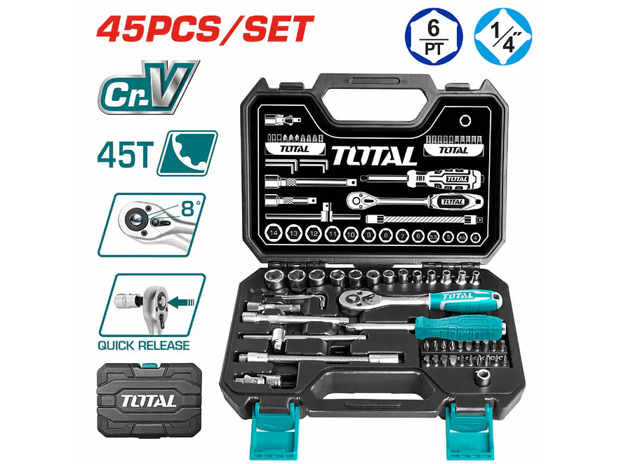 Juego de Rache con Copas Industrial TOTAL THT141451 1/4 Pulgada 45 Piezas - Foto 2 | aztools.co