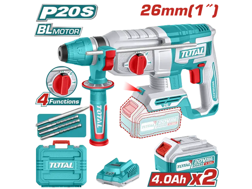 Rotomartillo Brushless 20V TOTAL UTRHLI202682 Industrial 2.5J + Batería 4Ah + Cargador - Foto 1 | aztools.co