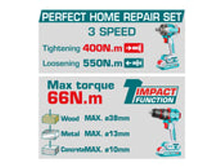 Combo Brushless 20V TOTAL UTCKLI20275 Taladro 66Nm + Llave de Impacto 400Nm - Foto 2 | aztools.co