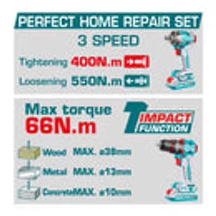 Combo Brushless 20V TOTAL UTCKLI20275 Taladro 66Nm + Llave de Impacto 400Nm - Foto 2 | aztools.co