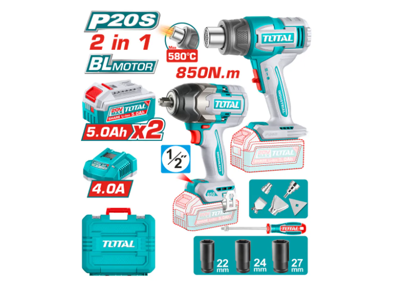 Combo Inalámbrico 20V TOTAL Pistola Impacto 850Nm y Calor - UTOSLI260381 - Envío a todo Colombia | aztools.co