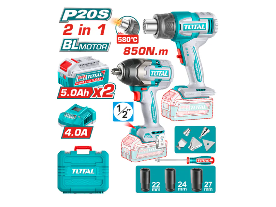 Combo Inalámbrico 20V TOTAL Pistola Impacto 850Nm y Calor - UTOSLI260381 - Envío a todo Colombia | aztools.co