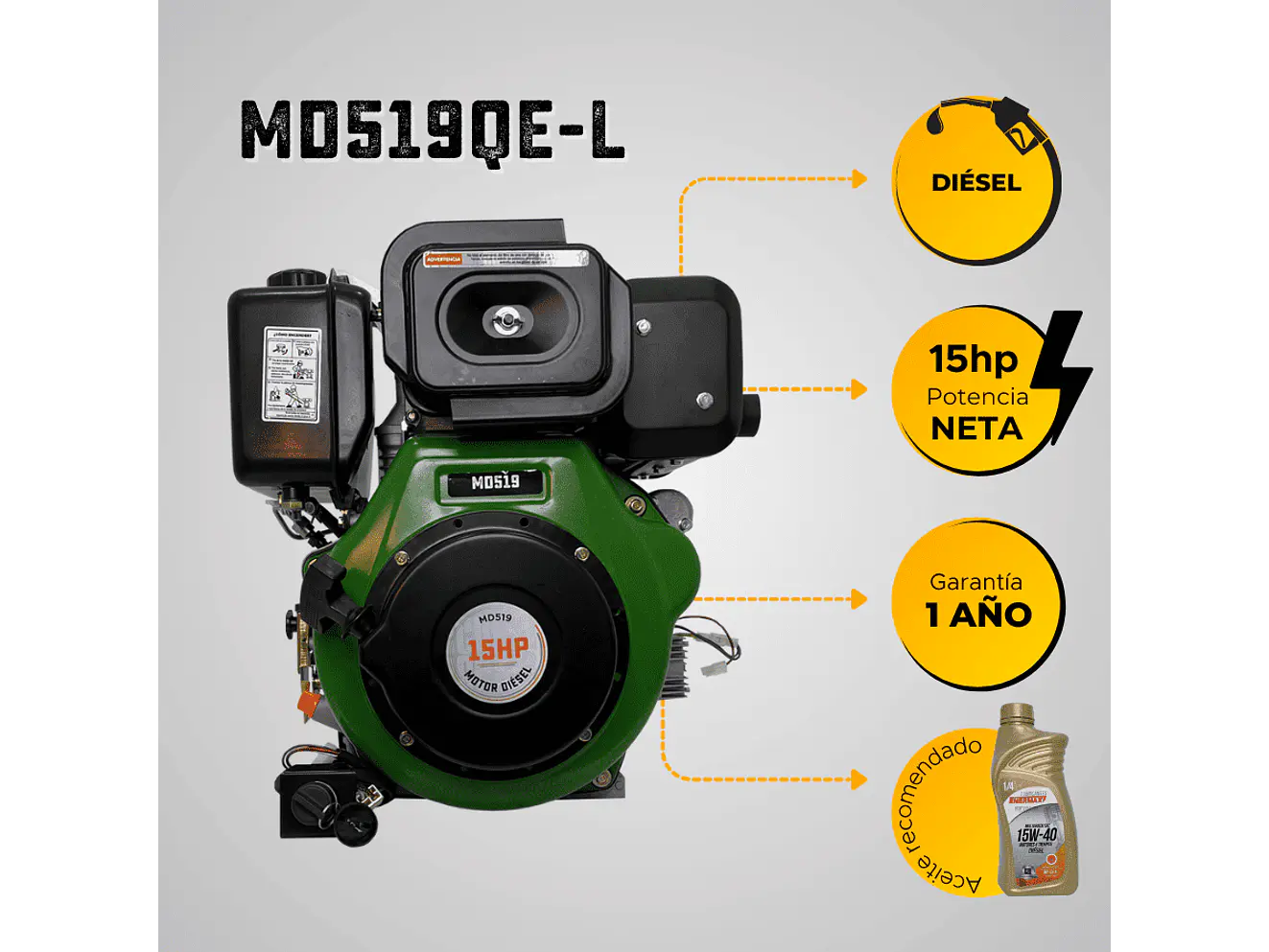 Motor Diésel Ecomax MD519QE-L 15HP 3600RPM Arranque Eléctrico Eje Cuña 1” - Foto 5 | aztools.co