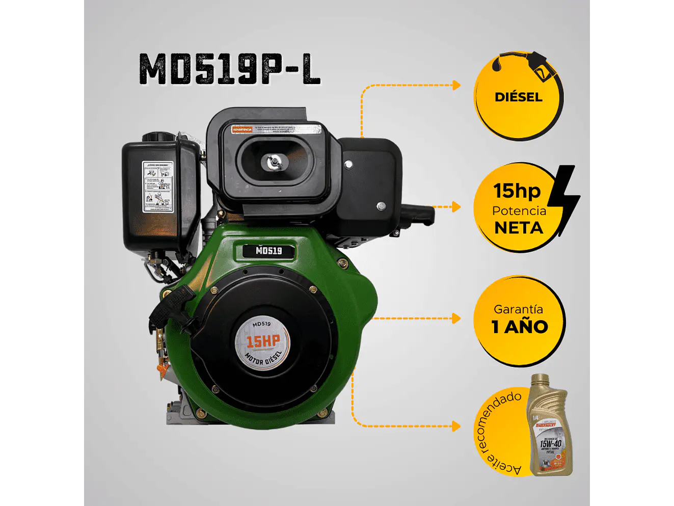 Motor Diésel Ecomax MD519P-L 15HP 3600RPM Eje Rosca 1” Filtro Doble - Foto 6 | aztools.co
