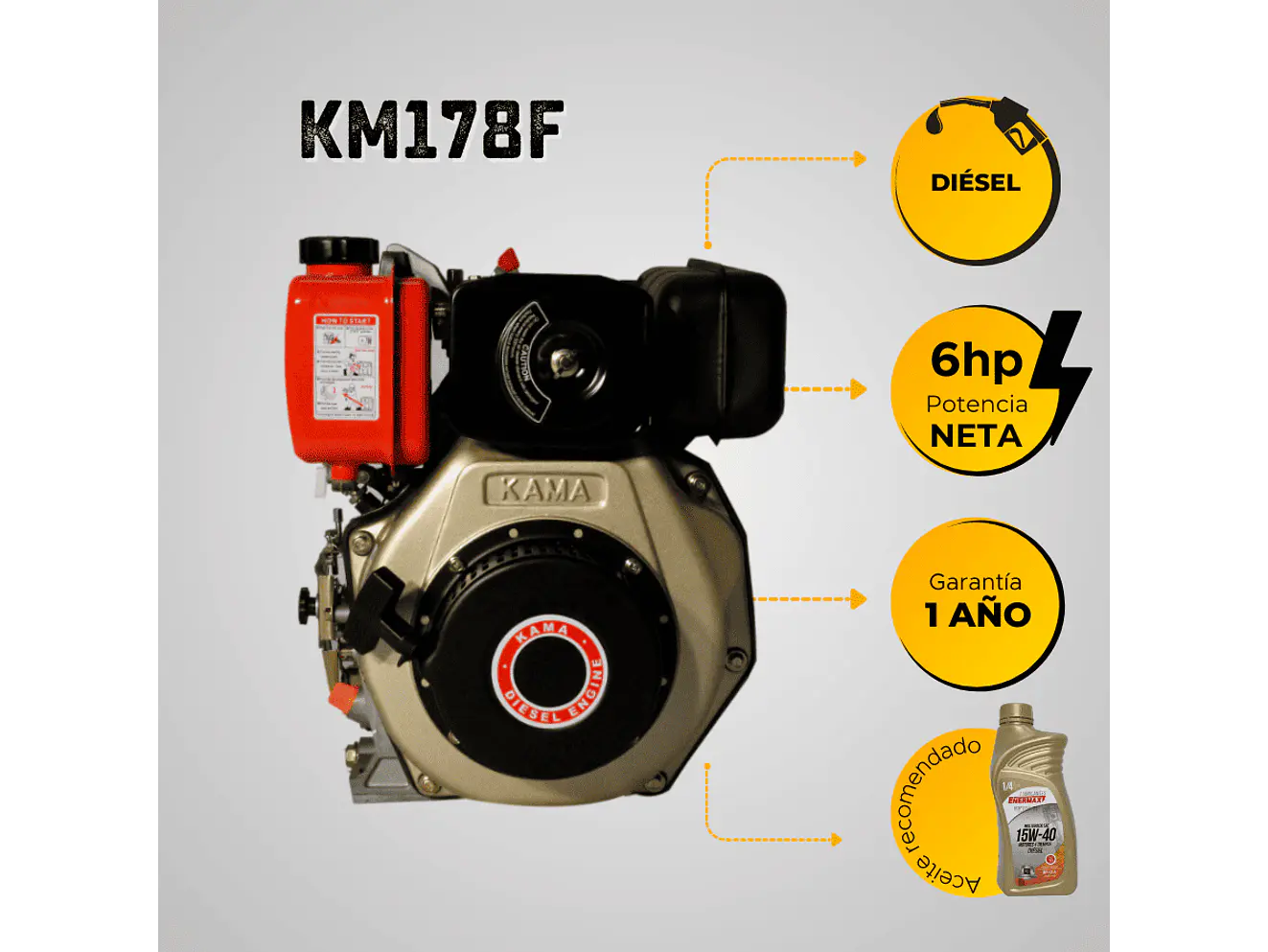 Motor Diésel Kama KM178F 6HP 3600RPM Eje Cuña 25mm Filtro Doble - Foto 6 | aztools.co