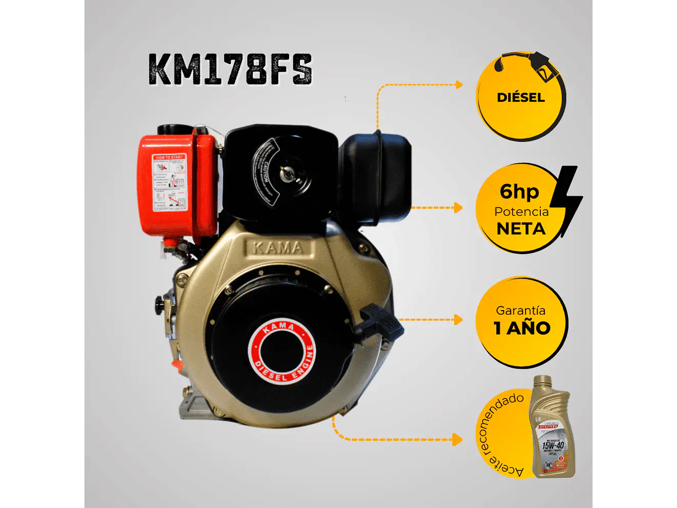 Motor Diésel Kama KM178FS 6HP 1800RPM Reductor Eje Cuña 25mm Filtro Doble - Foto 5 | aztools.co