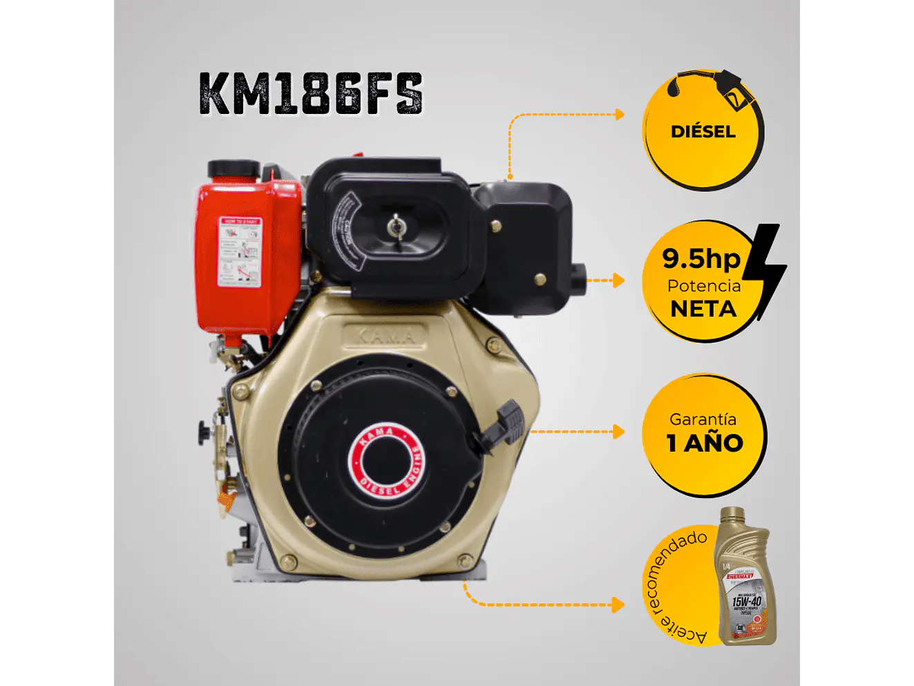 Motor Diésel Kama KM186FS 9.5HP 1800RPM Reductor Eje Cuña 30mm Filtro Doble - Foto 6 | aztools.co