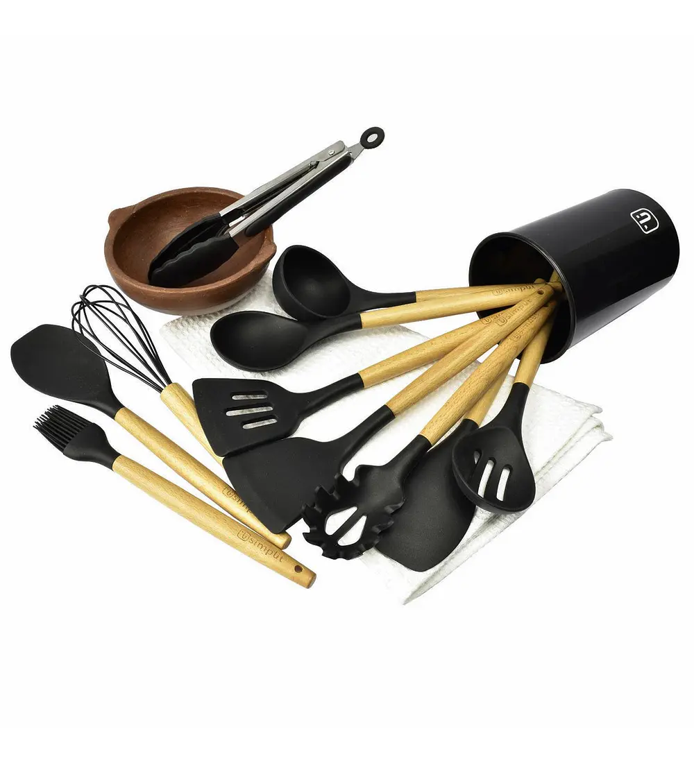 Set 12 Utensilios De Cocina Silicona Negro Simplit