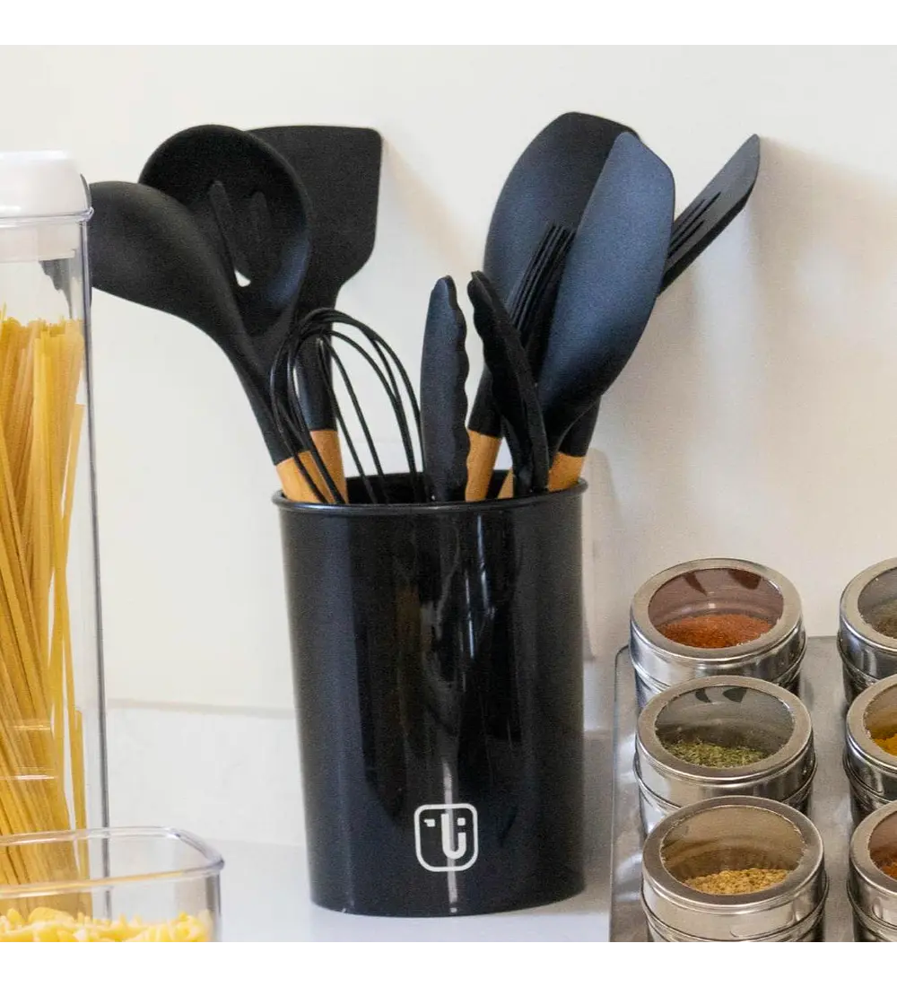 Set 12 Utensilios De Cocina Silicona Negro Simplit