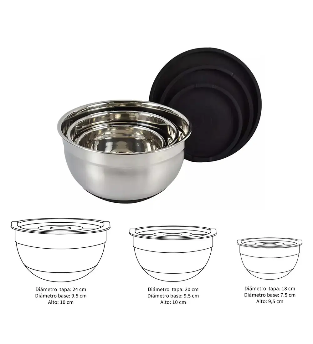 Set 3 Bowls con Tapa Acero Inoxidable Antideslizante Simplit