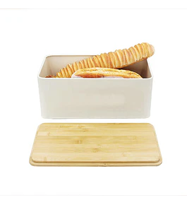 Panera Metálica con Tapa Bamboo Blanca Simplit