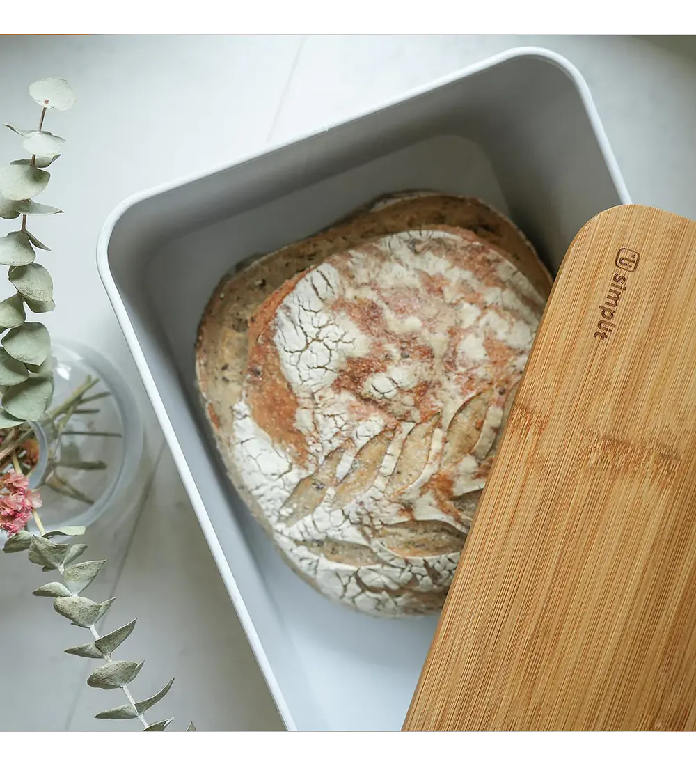 Panera Metálica con Tapa Bamboo Blanca Simplit