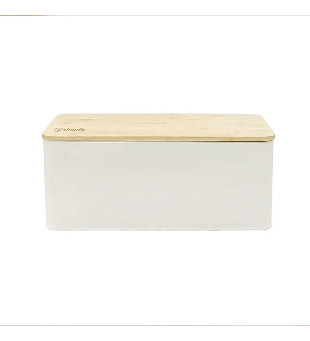 Panera Metálica con Tapa Bamboo Blanca Simplit