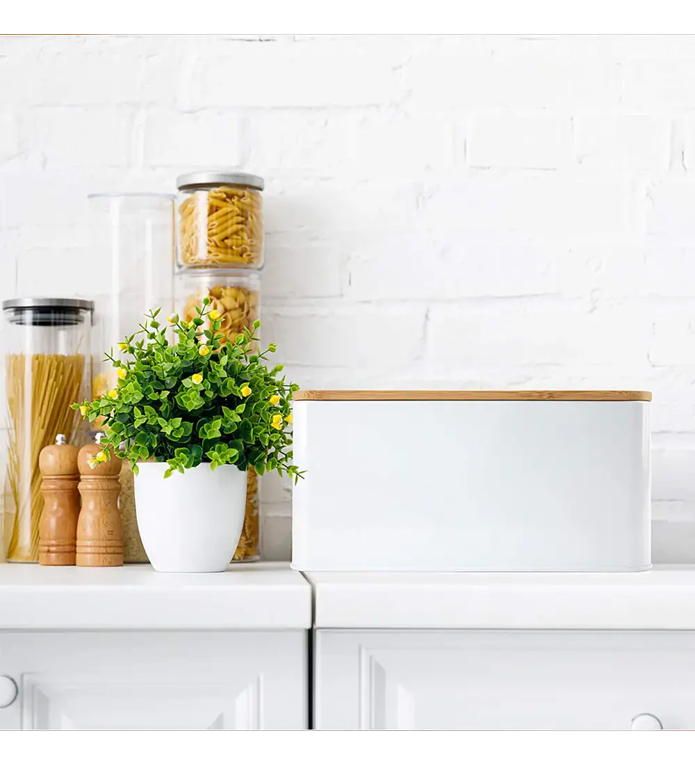 Panera Metálica con Tapa Bamboo Blanca Simplit