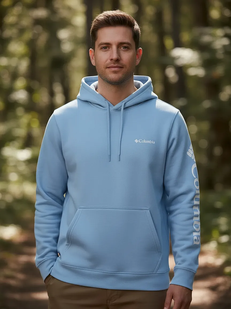 Polerón Columbia Hombre Celeste con Capucha Logo Bordado – Original Importado 1