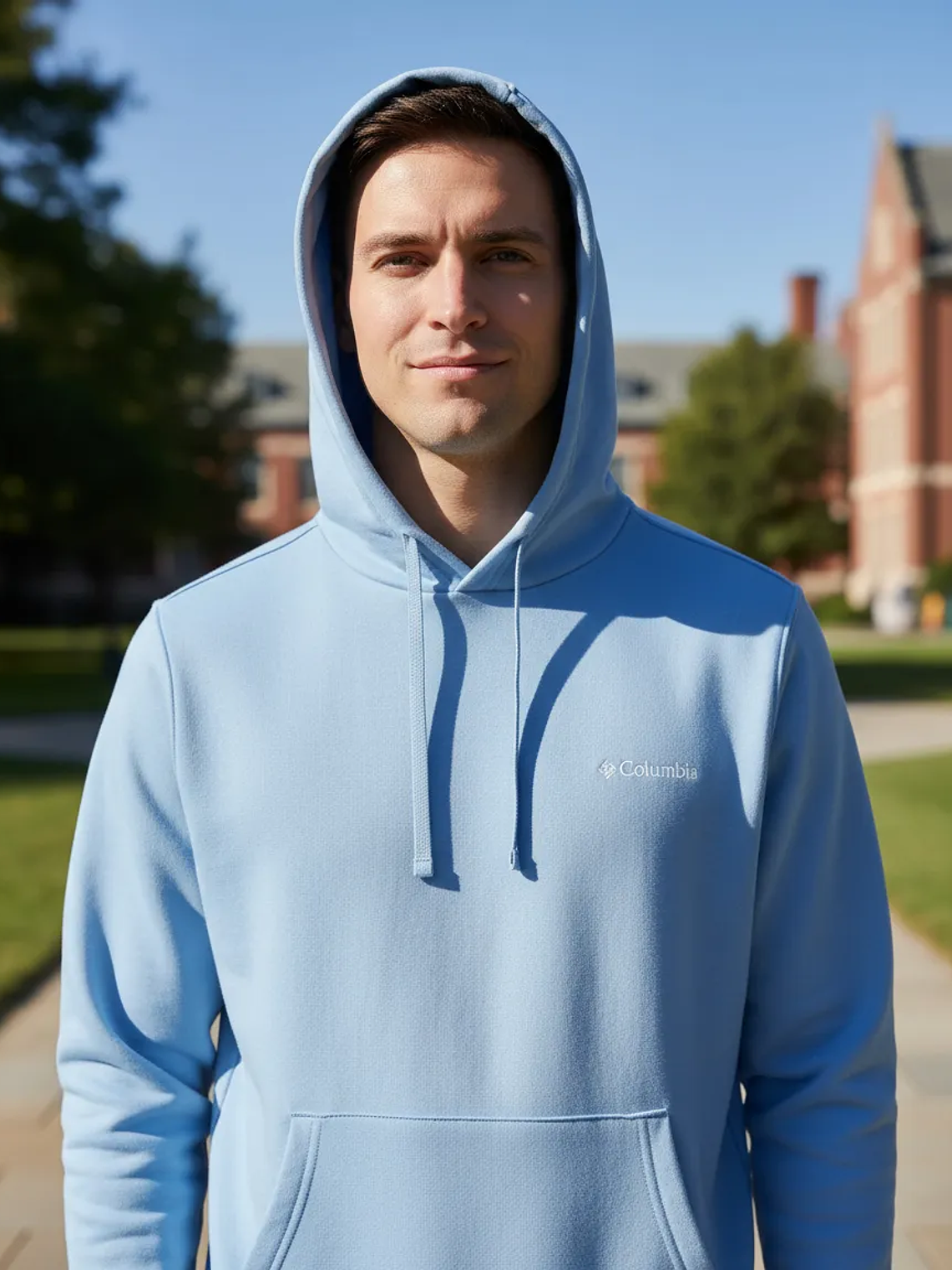 Polerón Columbia Hombre Celeste con Capucha Logo Bordado – Original Importado 2