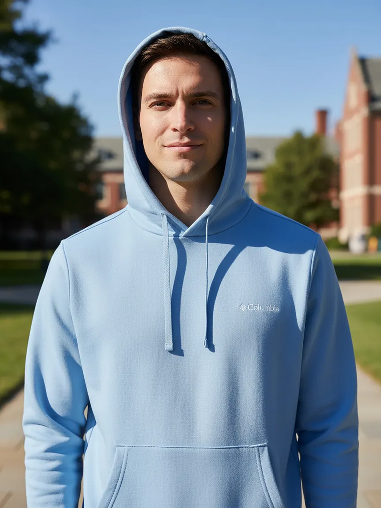 Polerón Columbia Hombre Celeste con Capucha Logo Bordado – Original Importado 2