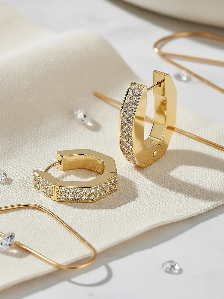 Aros De Aro Dextera, Octogonal, Blanco, Baño Tono Oro 3