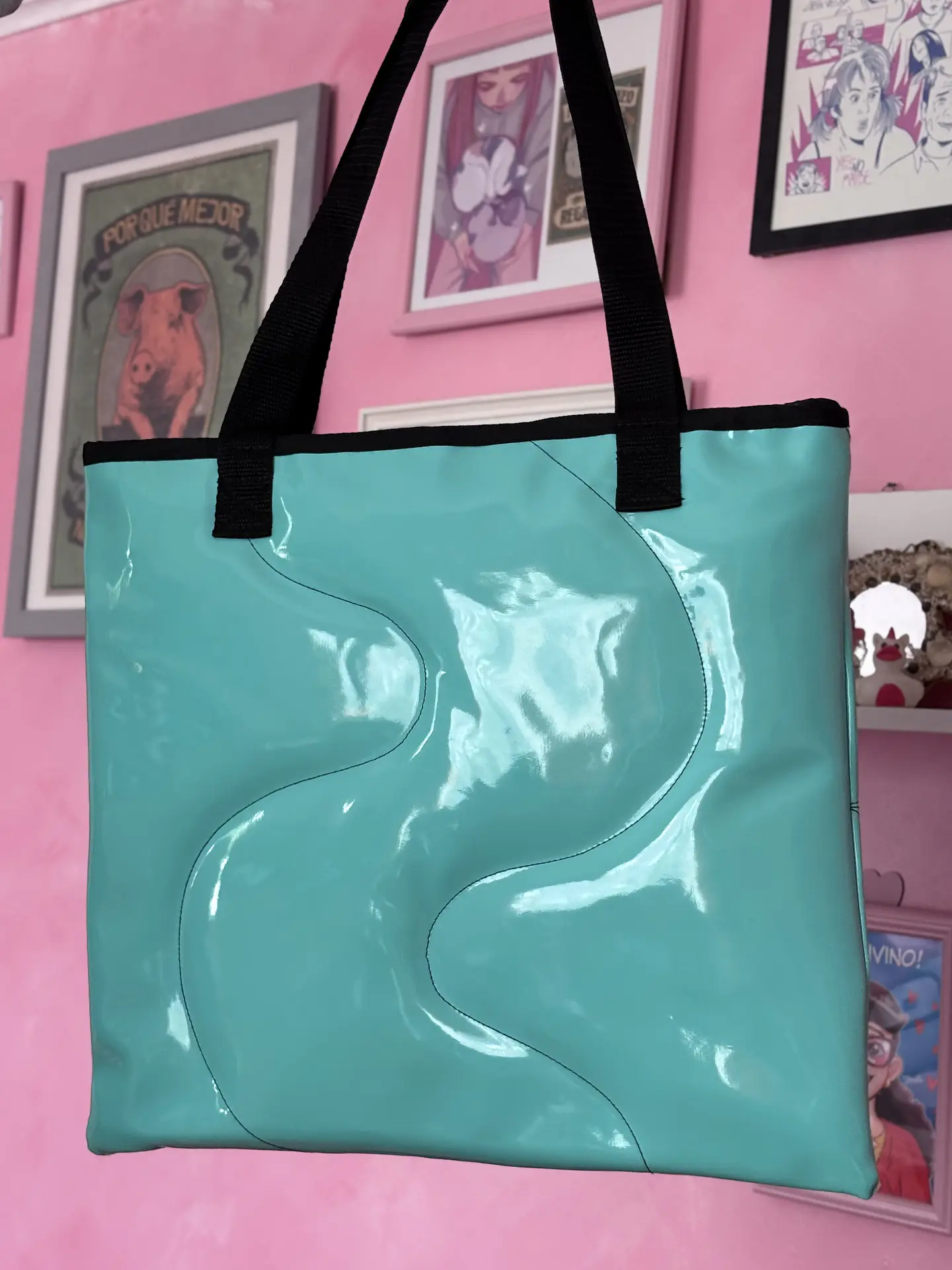 Totebag corazón charol turquesa  2