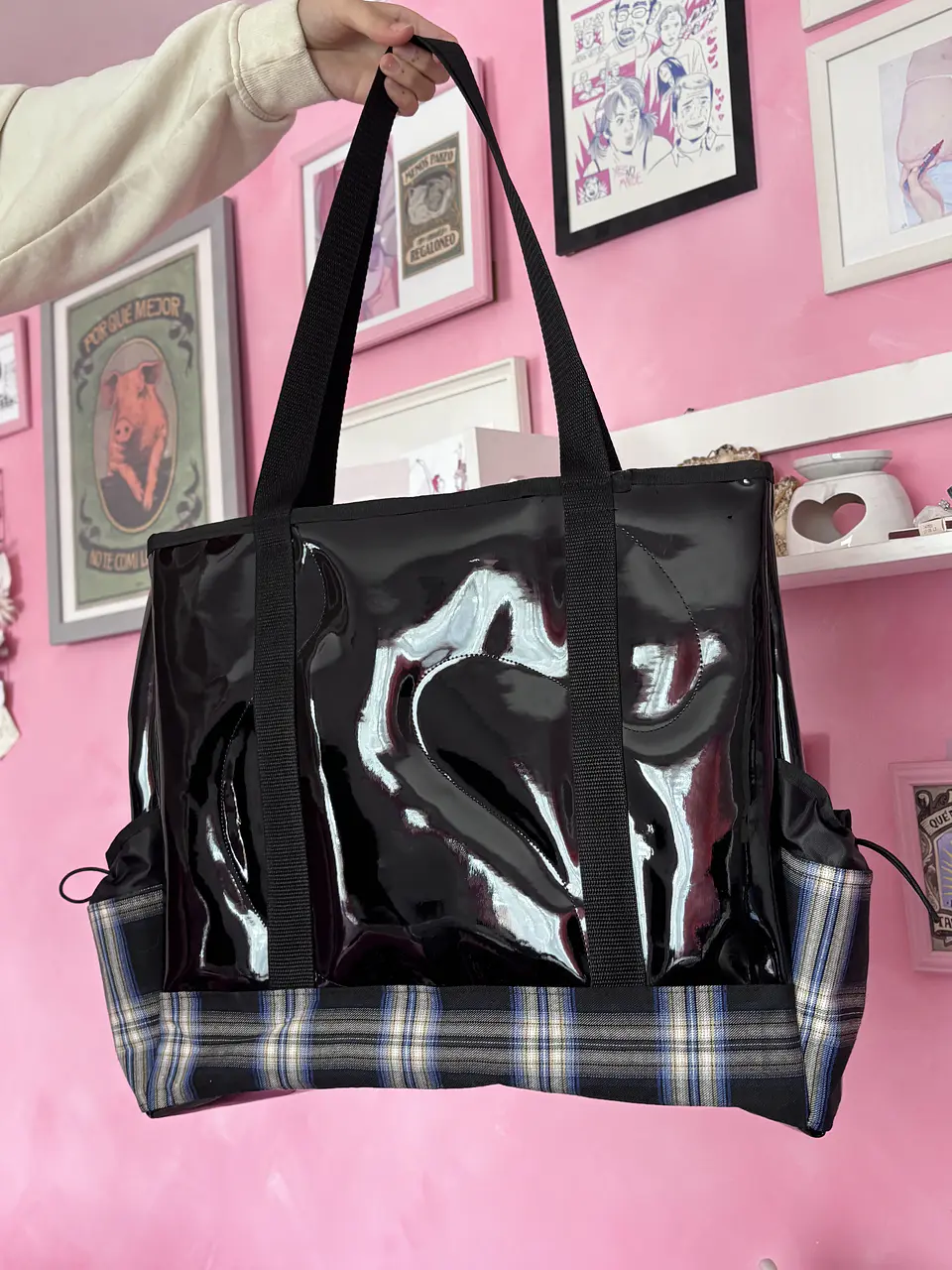 Maxi corazón charol con tartan azul 2