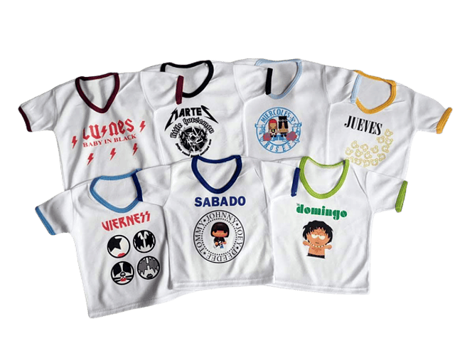 Conjunto Semanario Rock Niño y Niña: 7 Camisetas Multicolor
