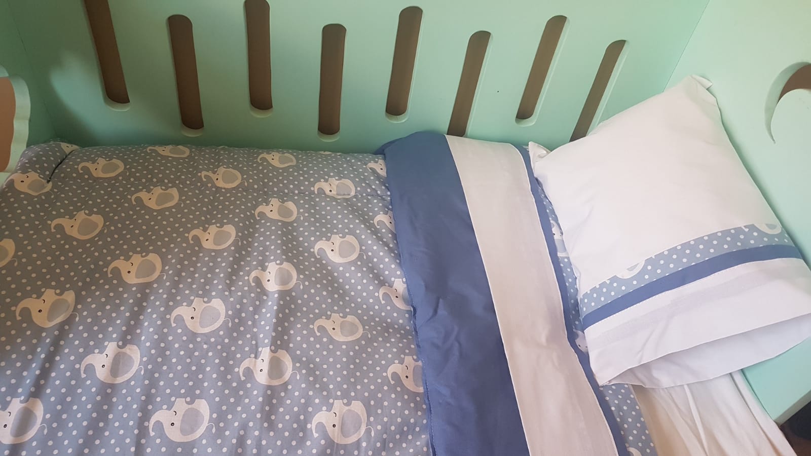 Kit de Cuna - Celeste Elefante y puntos Blancos - Azul Liso