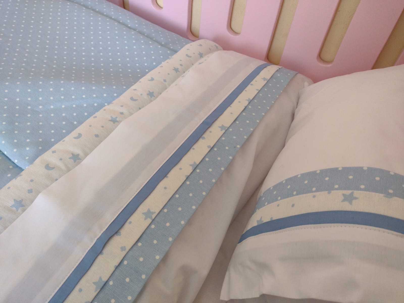 Kit de Cuna - Blanco estrella luna celeste - Celeste puntos blancos