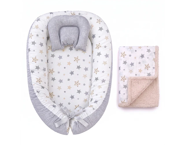 Nidito Colecho; Blanco Estrellas Beige - Gris Jaspeado + Manta Corderito